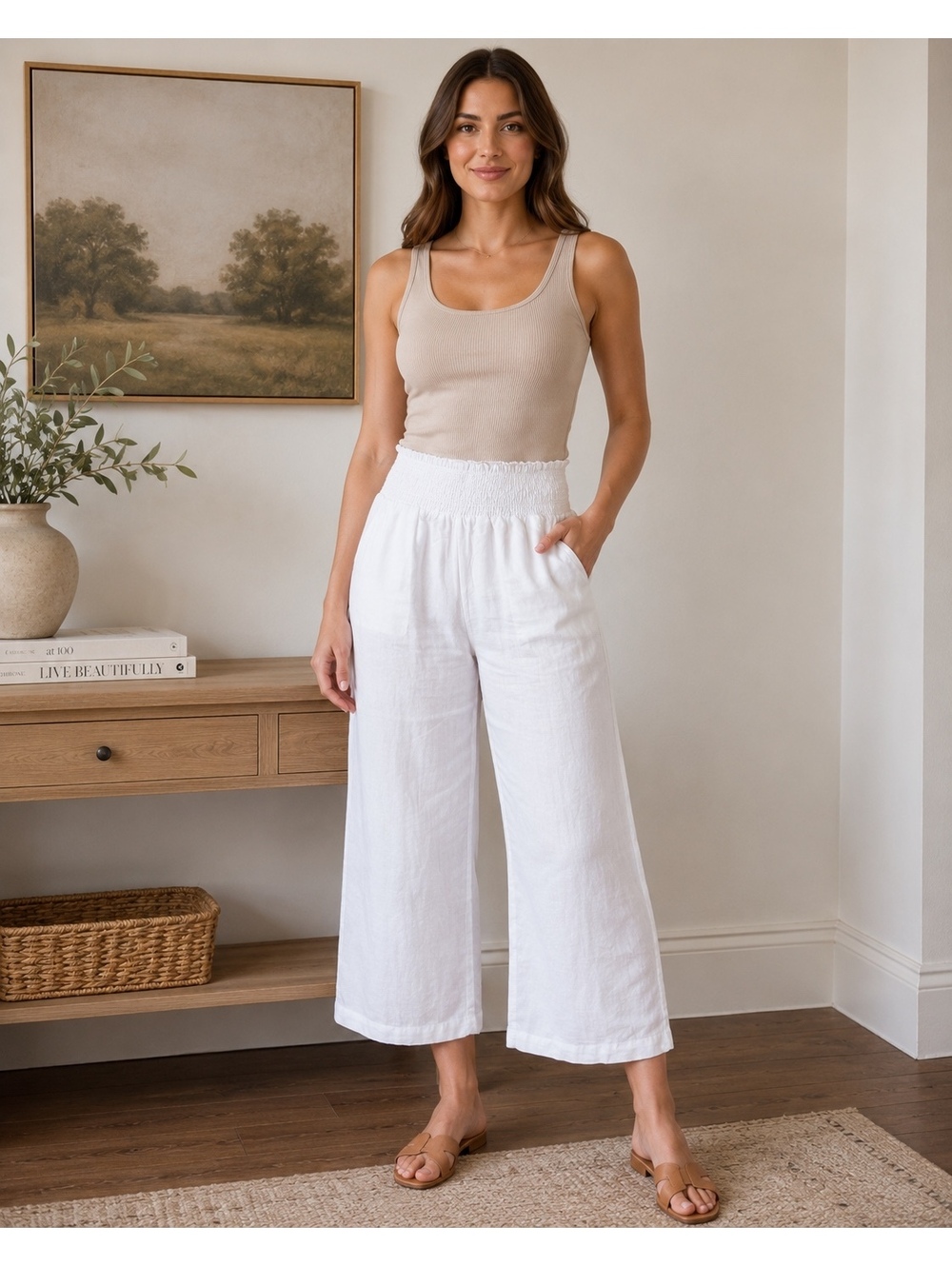 Crown & Ivy Petite White Linen Wide Leg Crop Pants PM Pull On